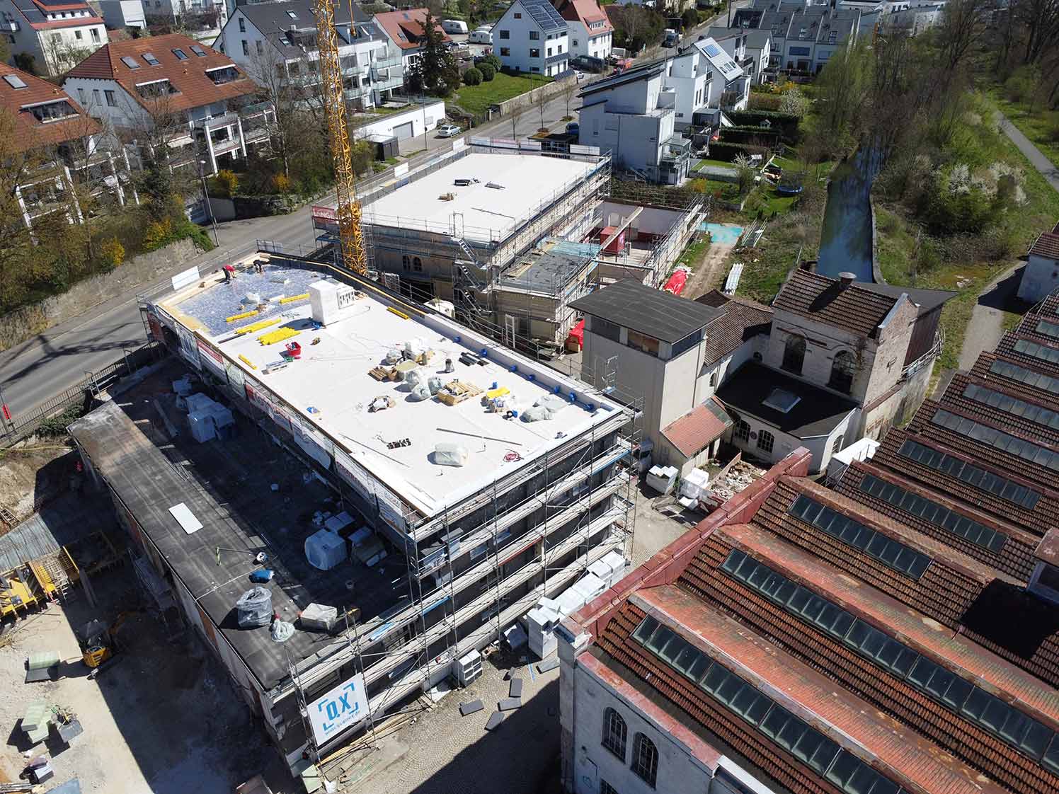 Luftbild der Alten Spinnerei in Wannweil. Historische Gebäude werden saniert
